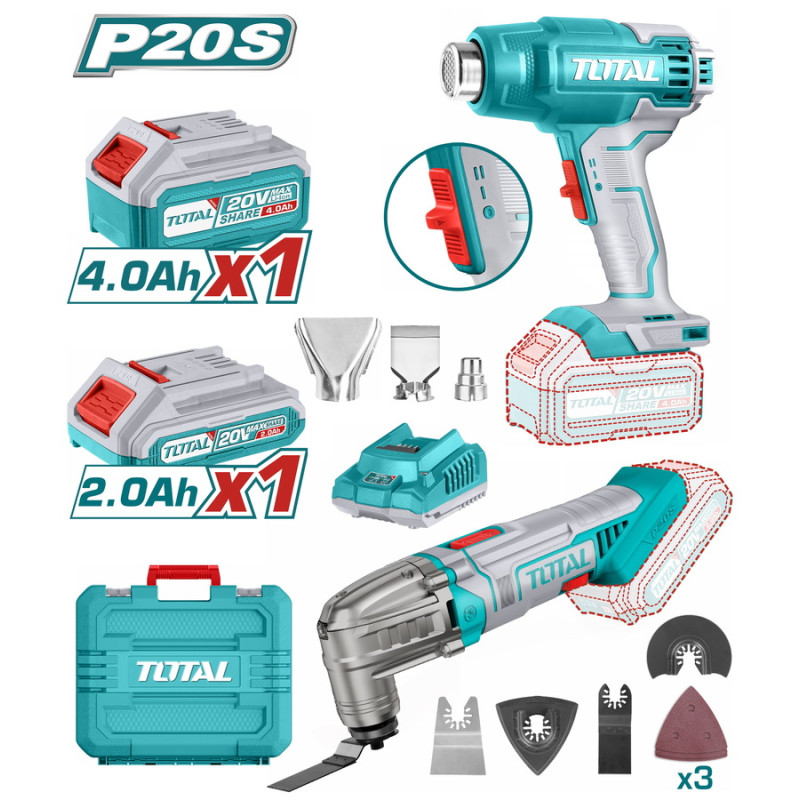 TOTAL ΕΠΑΓΓ. ΣΕΤ ΠΟΛΥΕΡΓΑΛΕΙΟ + ΠΙΣΤΟΛΙ ΘΕΡΜΟΥ ΑΕΡΑ ΜΠΑΤ. Li-ion 20V / 2Ah+4Ah (TOSLI230705)