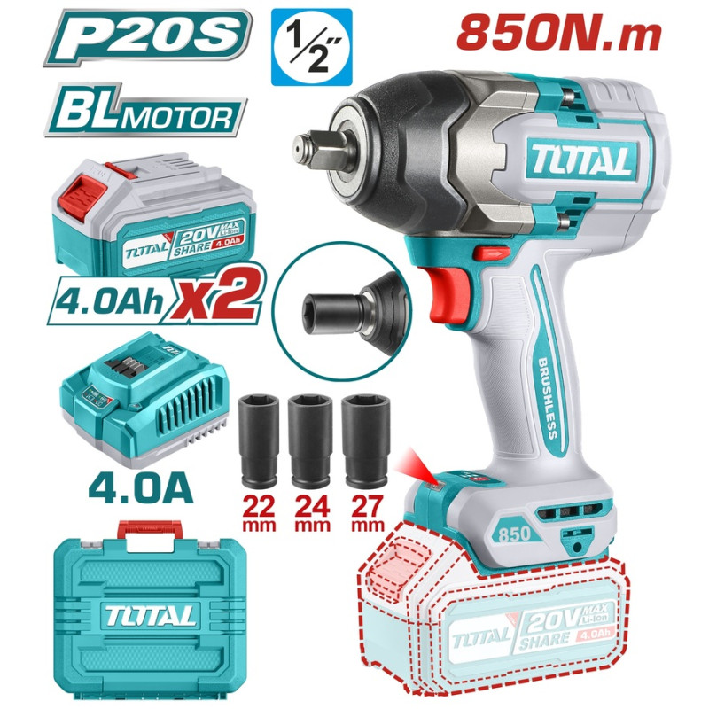 TOTAL ΕΠΑΓΓ. ΜΠΟΥΛΟΝΟΚΛΕΙΔΟ ΜΠΑΤ. Li-ion 20V / 4Ah / 850Nm / 2 ΜΠΑΤΑΡΙΕΣ (TIWLI2085)